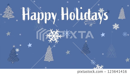 Image of happy holidays text and snow falling over christmas tree on blue background Image of happy holidays text and snow falling over christmas tree on blue background 123641416