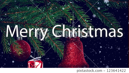 Image of merry christmas text over snow falling in christmas tree with decorations background 123641422