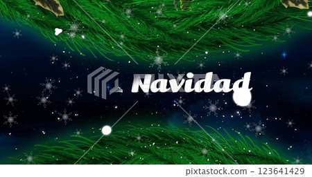Image of feliz navidad text over christmas tree branches in winter scenery background 123641429