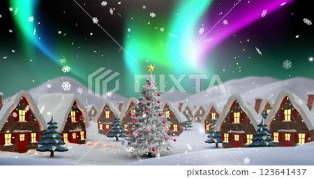 Image of snow falling and aurora borealis in christmas winter scenery background 123641437