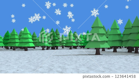 Snowflakes falling over multiple trees icons on winter landscape against blue background 123641458