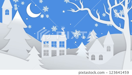 Snowflakes falling over multiple trees and house on winter landscape on blue background 123641459