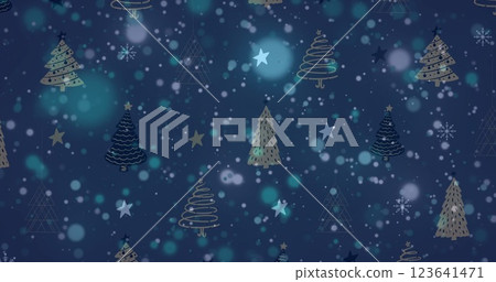 Image of snow falling over christmas trees and stars in winter scenery 123641471