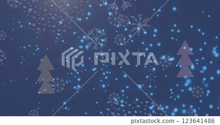 Image of snow falling over christmas trees in winter scenery 123641486