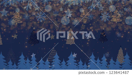 Image of snow falling over christmas trees and stars in winter scenery 123641487