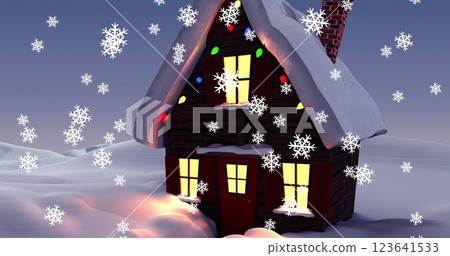 Image of christmas house with fairy light decorations with snow falling Image of christmas house with fairy light decorations with snow falling 123641533