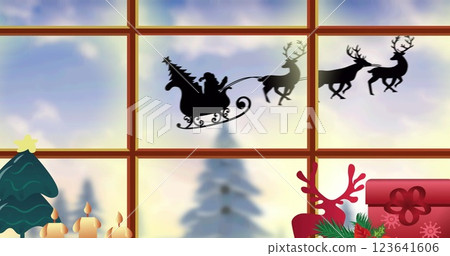 Image of santa claus in sleigh with reindeer seen through window and christmas decorations Image of santa claus in sleigh with reindeer seen through window and christmas decorations 123641606