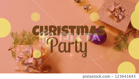 Image of christmas party text over christmas decorations Image of christmas party text over christmas decorations 123641643