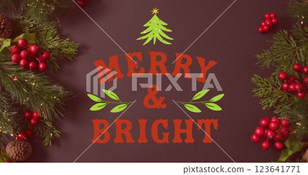 Image of merry and bright text banner over red cherries on grey surface Image of merry and bright text banner over red cherries on grey surface 123641771