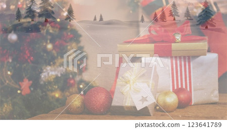 Image of winter scenery over christmas decorations Image of winter scenery over christmas decorations 123641789
