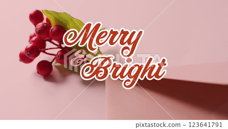This image is a digital image of a text banner that reads merry and bright the banner is against a b 123641791