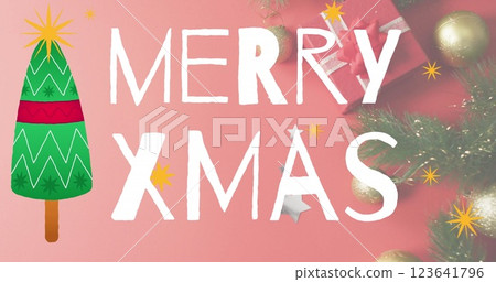 Image of merry christmas text banner against christmas decorations and gifts on pink surface 123641796
