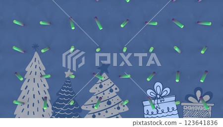 Image of abstract blue shapes in seamless pattern against christmas tree and gifts icons 123641836