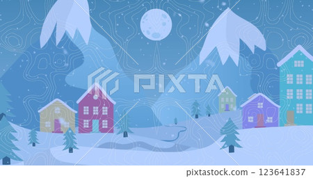 Image of snow falling over winter landscape and topography on blue background with copy space 123641837