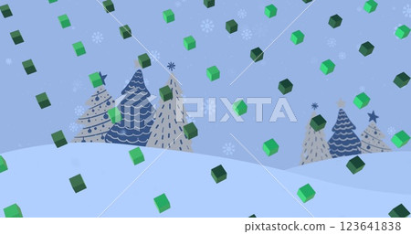 Image of green 3d cube icons in seamless pattern over christmas tree icons on winter landscape Image of green 3d cube icons in seamless pattern over christmas tree icons on winter landscape 123641838