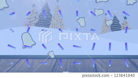 Image of blue abstract shapes in seamless pattern and bell icons falling over winter landscape 123641840