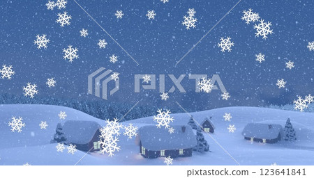 Image of snowflake icons falling over winter landscape with copy space Image of snowflake icons falling over winter landscape with copy space 123641841