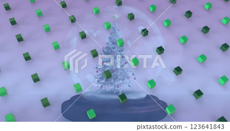 Image of green 3d cube icons in seamless pattern over christmas tree icon in a snow globe Image of green 3d cube icons in seamless pattern over christmas tree icon in a snow globe 123641843