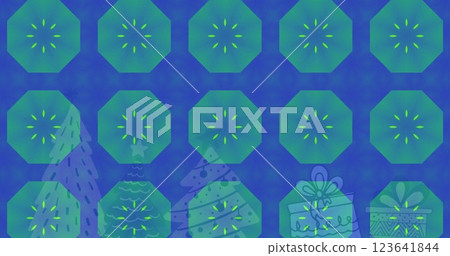 Image of green abstract shapes in seamless pattern over christmas tree and gifts icons Image of green abstract shapes in seamless pattern over christmas tree and gifts icons 123641844