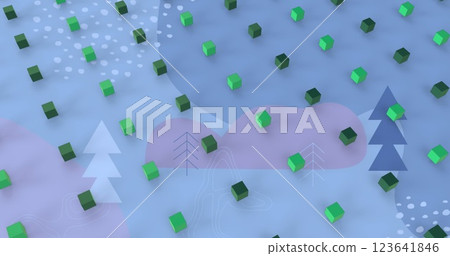 Image of green 3d cube icons in seamless pattern over christmas tree icons on blue background 123641846