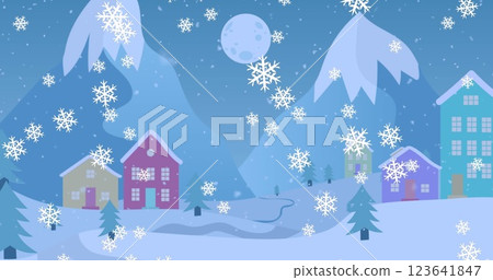 Image of snowflake icons falling over winter landscape with copy space Image of snowflake icons falling over winter landscape with copy space 123641847