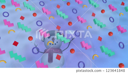 Image of colorful abstract shapes in seamless pattern over snowman against blue background Image of colorful abstract shapes in seamless pattern over snowman against blue background 123641848