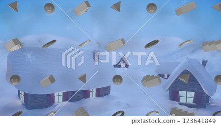 Image of grey abstract shapes in seamless pattern and snow falling over winter landscape Image of grey abstract shapes in seamless pattern and snow falling over winter landscape 123641849