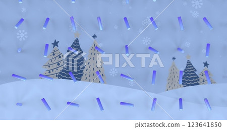 Image of blue abstract shapes in seamless pattern over christmas tree icons on winter landscape Image of blue abstract shapes in seamless pattern over christmas tree icons on winter landscape 123641850