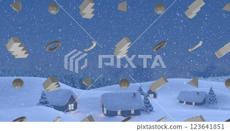 Image of grey abstract shapes in seamless pattern and snow falling over winter landscape Image of grey abstract shapes in seamless pattern and snow falling over winter landscape 123641851