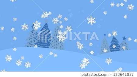 An image of snow falling over christmas trees on a blue background 123641852