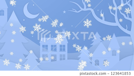 Image of snowflake icons falling over winter landscape with copy space on blue background Image of snowflake icons falling over winter landscape with copy space on blue background 123641853
