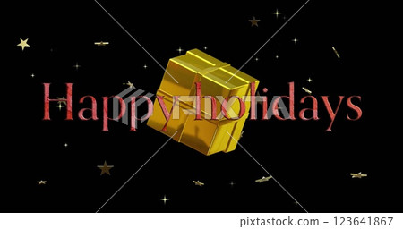 Image of happy holidays text with gift box and stars rotating on black background Image of happy holidays text with gift box and stars rotating on black background 123641867