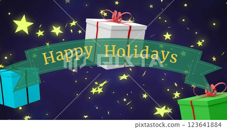 Image of happy holidays text and snow falling over christmas gifts on blue background Image of happy holidays text and snow falling over christmas gifts on blue background 123641884