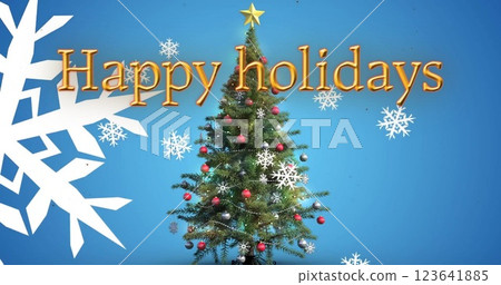 Image of happy holidays text and snow falling over christmas tree on blue background 123641885