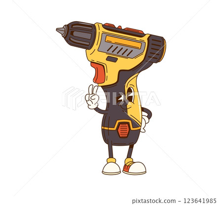 Cartoon groovy electric screwdriver character for repair or DIY construction, vector work tool. Groovy electric screwdriver with funny face and cool gesture for DIY and construction tool character Cartoon groovy electric screwdriver character for repair or DIY construction, vector work tool. Groovy electric screwdriver with funny face and cool gesture for DIY and construction tool character 123641985