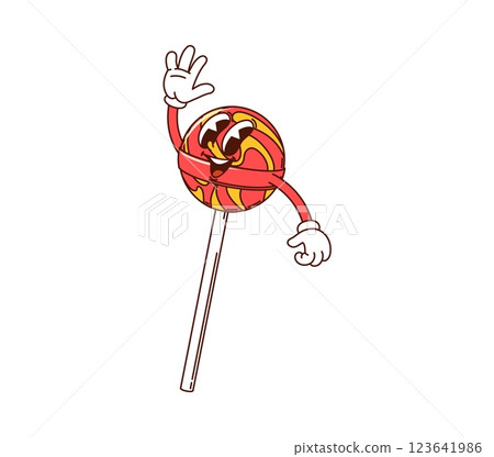 Cartoon lollipop funny groovy hippie dessert, sweets and candy character. Isolated vector joyful retro personage with smiling face, swirling colors and playful vibe, spreading sweetness and happiness 123641986