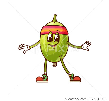 Cartoon groovy gooseberry berry character on fitness sport, vector funny emoji. Groovy gooseberry fruit or berry with funky face and happy smile in fitness headband in retro cartoon comic emoticon Cartoon groovy gooseberry berry character on fitness sport, vector funny emoji. Groovy gooseberry fruit or berry with funky face and happy smile in fitness headband in retro cartoon comic emoticon 123641990