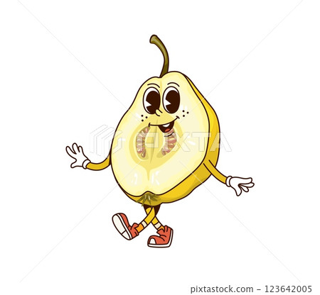 Groovy tropical half quince fruit character with playful smile. Cartoon vector fun and smiling personage with stem and seeds visible, quirky facial expression, smiling and showing positive funky vibes 123642005