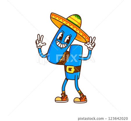 Groovy math number 4 Western cowboy bandit, vector funny cartoon character. Groovy number Four 4 as Western ranger in Mexican sombrero hat and gun bullets bandoleer as cowboy or bandit of Wild West 123642020