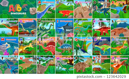 Prehistoric dinosaurs in kids alphabet with funny cartoon dino characters, vector ABC letters. Kids alphabet learn with dinosaurs and Jurassic prehistoric lizards or underwater reptiles with names Prehistoric dinosaurs in kids alphabet with funny cartoon dino characters, vector ABC letters. Kids alphabet learn with dinosaurs and Jurassic prehistoric lizards or underwater reptiles with names 123642029