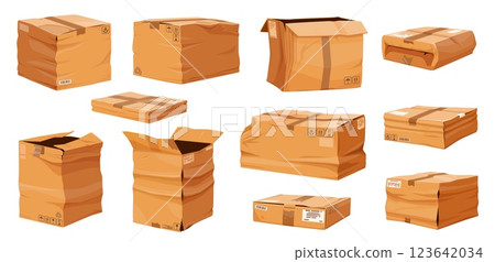 Damaged and crumpled cardboard boxes. Broken and ripped cargo delivery packages or parcels. Vector damaged brown paper delivery boxes, cartoon dirty and smashed parcels with open and torn lids 123642034