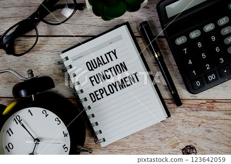 Quality Function Deployment (QFD) text on notepad, Business and Financial concept background Quality Function Deployment (QFD) text on notepad, Business and Financial concept background 123642059