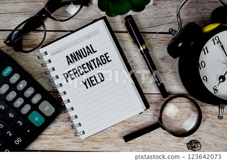 Annual Percentage Yield (APY) text on notepad, Business and Financial concept background 123642073