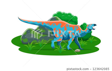 Iguanodon prehistoric dinosaur character. Late Cretaceous Mesozoic era lizard. Isolated cartoon vector ancient herbivore dino reptile animal in natural environment with mossy rocks and green plants 123642085