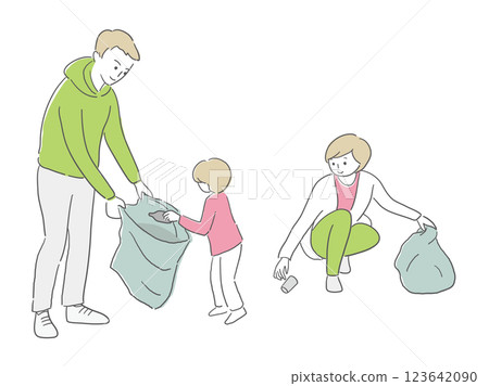Family picking up trash 123642090