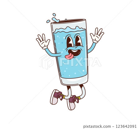Cartoon groovy retro water glass funny character. Clean and fresh mineral water beverage glass vintage groovy isolated vector mascot. Clear aqua cheerful character or hydration drink funny personage Cartoon groovy retro water glass funny character. Clean and fresh mineral water beverage glass vintage groovy isolated vector mascot. Clear aqua cheerful character or hydration drink funny personage 123642091
