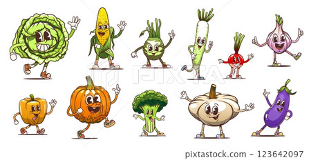 Cartoon groovy vegetable characters with expressive faces. Vector cabbage, corn, leek, radish, onion, pepper, pumpkin, broccoli, garlic and eggplant, funky joyful personages promoting healthy eating 123642097