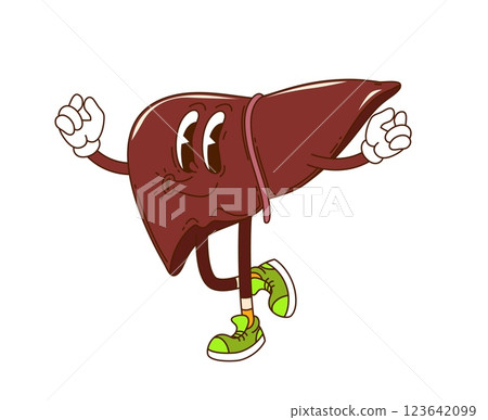 Cartoon groovy human liver cute character. Human healthcare funky vector personage, metabolic and digestion system internal organ cute personage or anatomy liver happy groovy whistling character 123642099
