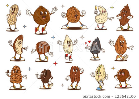 Cartoon nut groovy characters, seed and bean food vector personages. Retro psychedelic almond, hazelnut, walnut and cashew nuts. Cute groovy pistachio, coconut, sunflower seed, coffee and cocoa beans 123642100