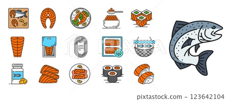 Color salmon fish and meat line icons, vector sea food. Outline salmon steak, fillet and raw sashimi slices. Japanese nigiri sushi, maki and uramaki rolls, oil, roe and canned fish color line icons 123642104